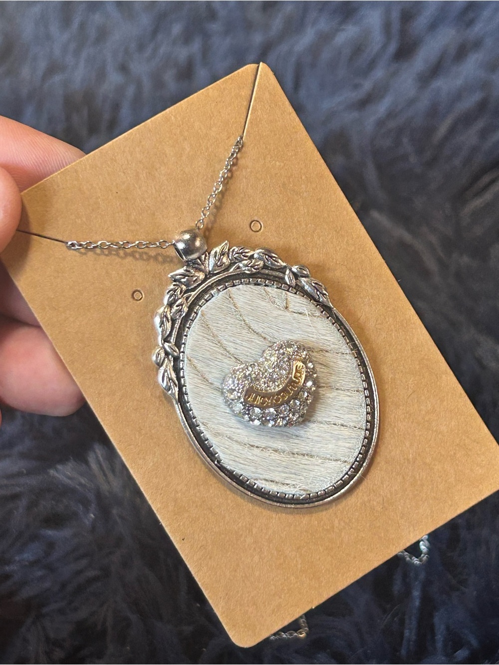 Handcrafted cowhide pave heart cameo pendant on chain necklace